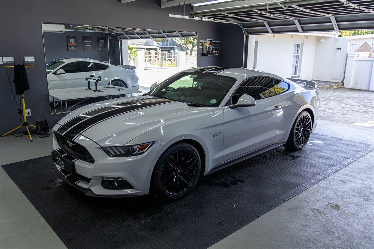 Mustang GT elevated in the workshop