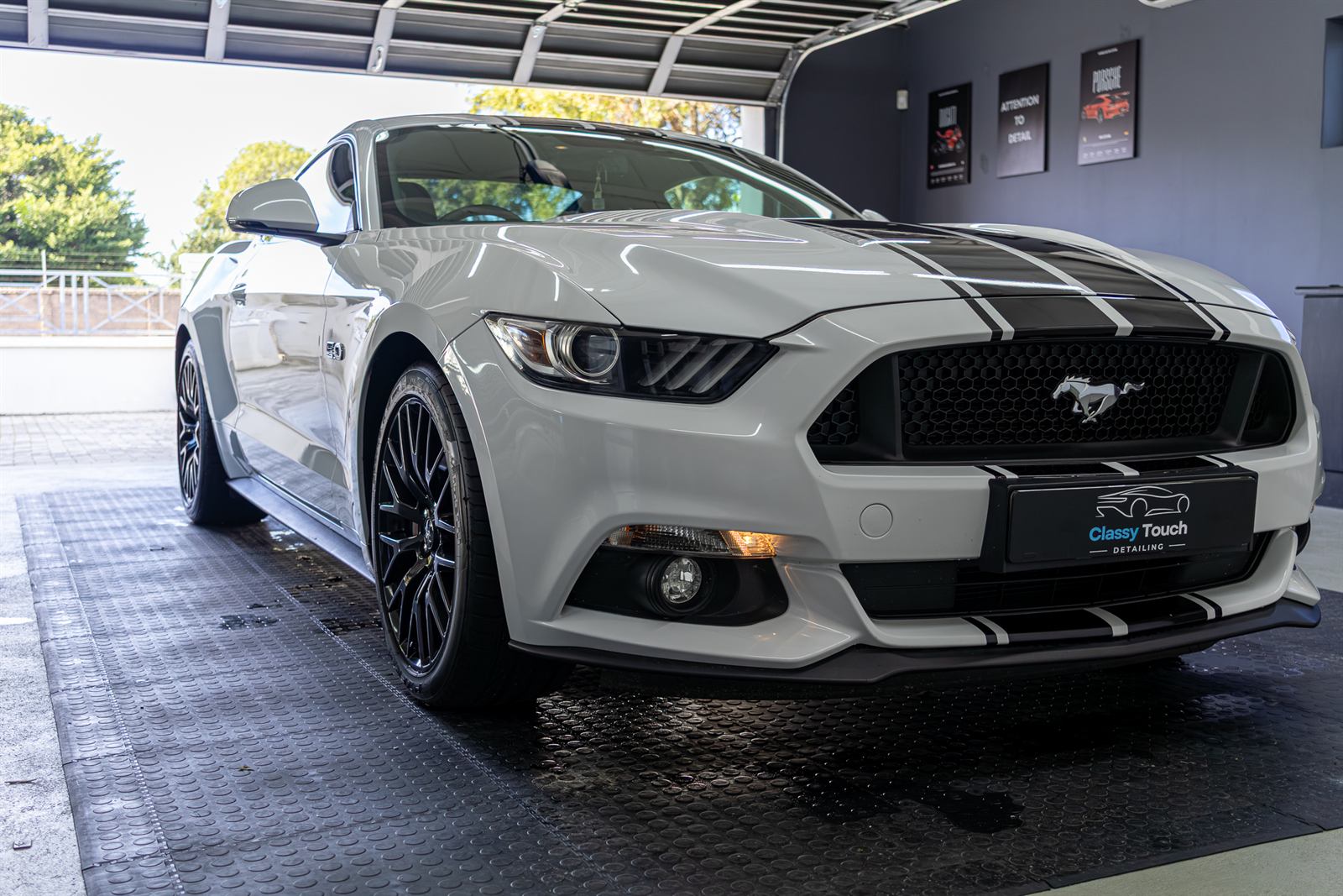 Mustang GT front three-quarter, freshly detailed